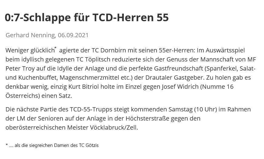 Bericht des VTV zur Niederlage des TC Dornbirn in Tplitsch