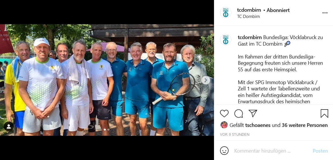Instagram-Bericht zum Spiel des TC Dornbirn gegen SPG Immotop Vcklabruck / Zell in der Bundesliga Herren 55